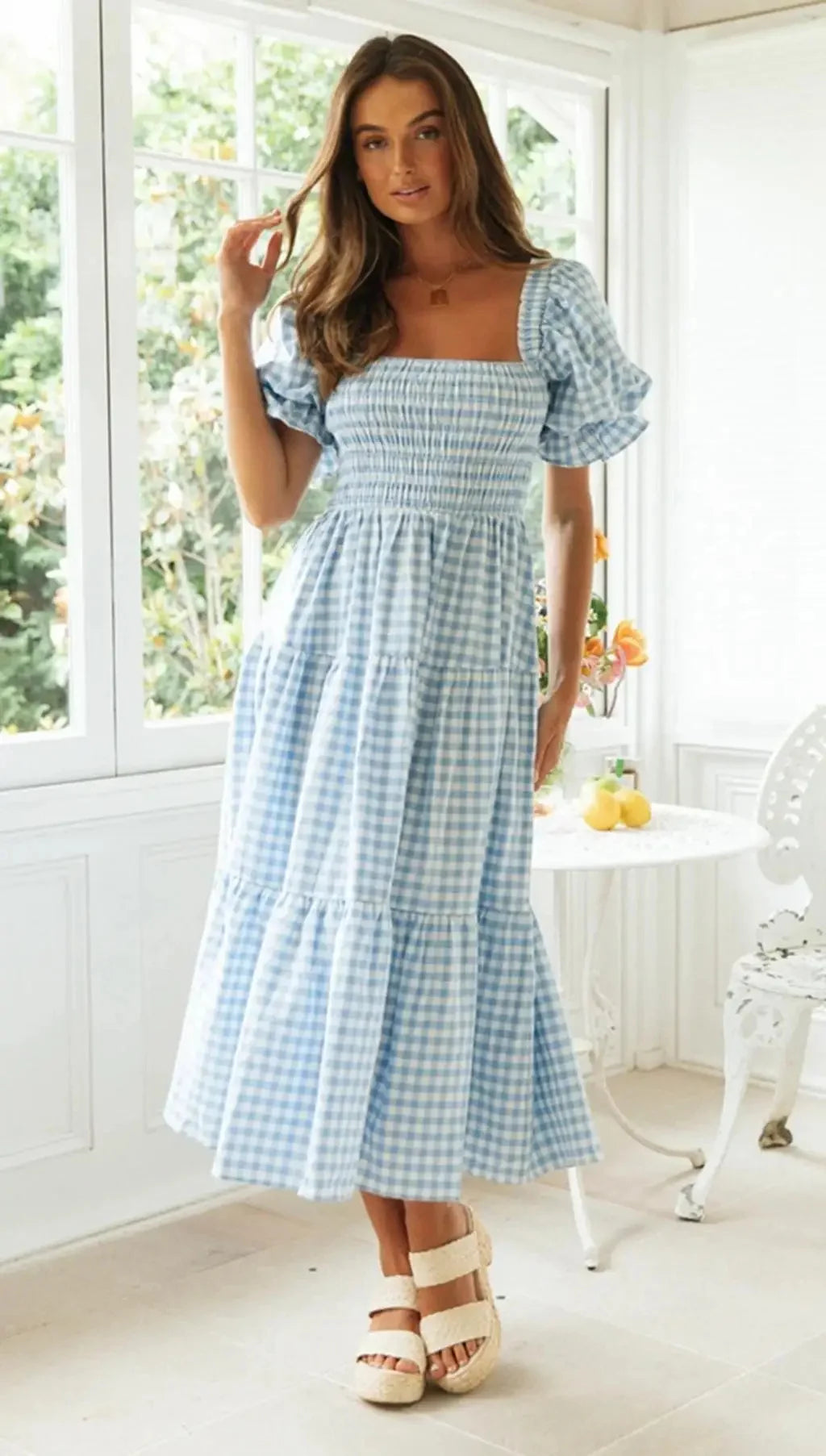 Spring Plaid Puff Sleeve Dress