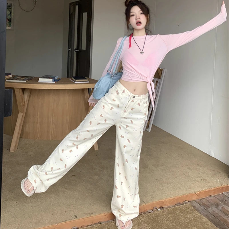 Dicloud - Pink Printed Wide-Leg Jeans