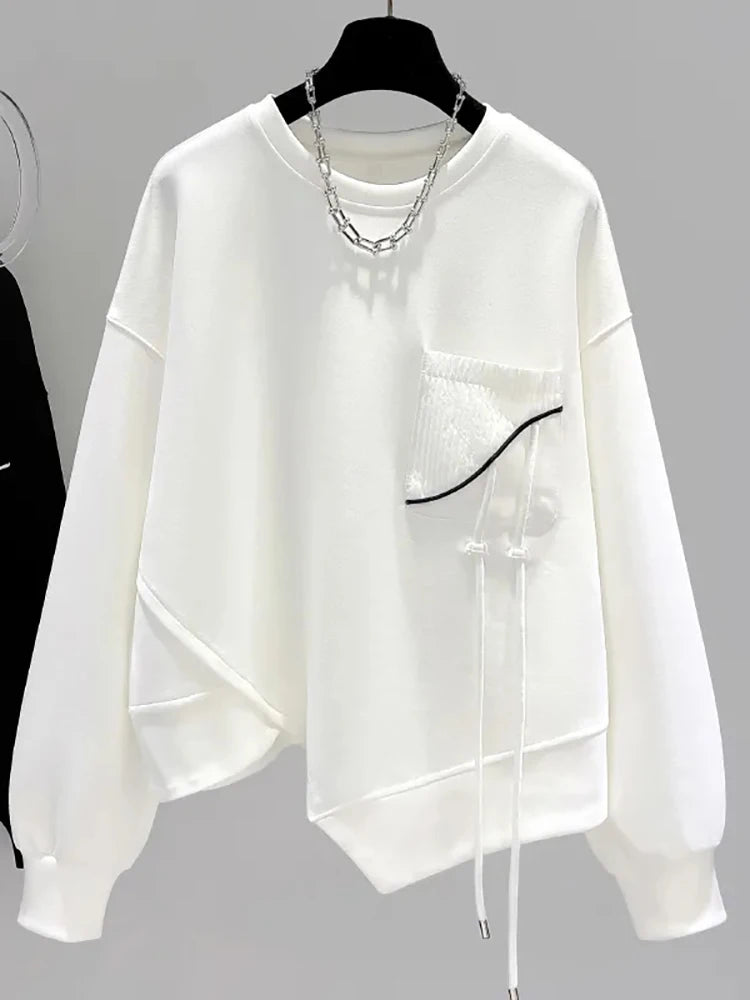 Pocket Patchwork Asymmetrical Lace-Up Hoodie 