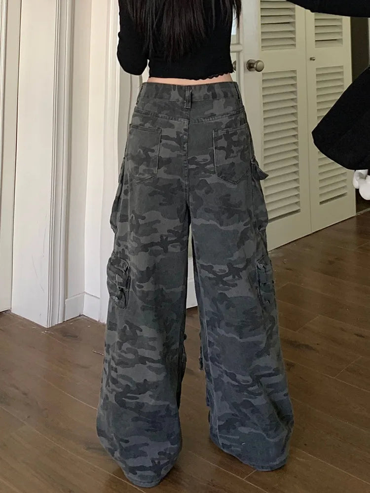 Washed Camouflage Cargo Pants - Y2K Baggy Wide-Leg Trousers