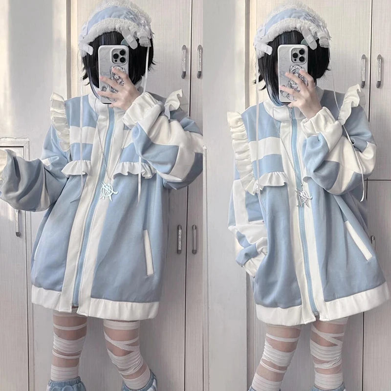 BLUE DIJIAO - Y2K Patchwork Fleece Hoodie Ruffled Zipper Shirt