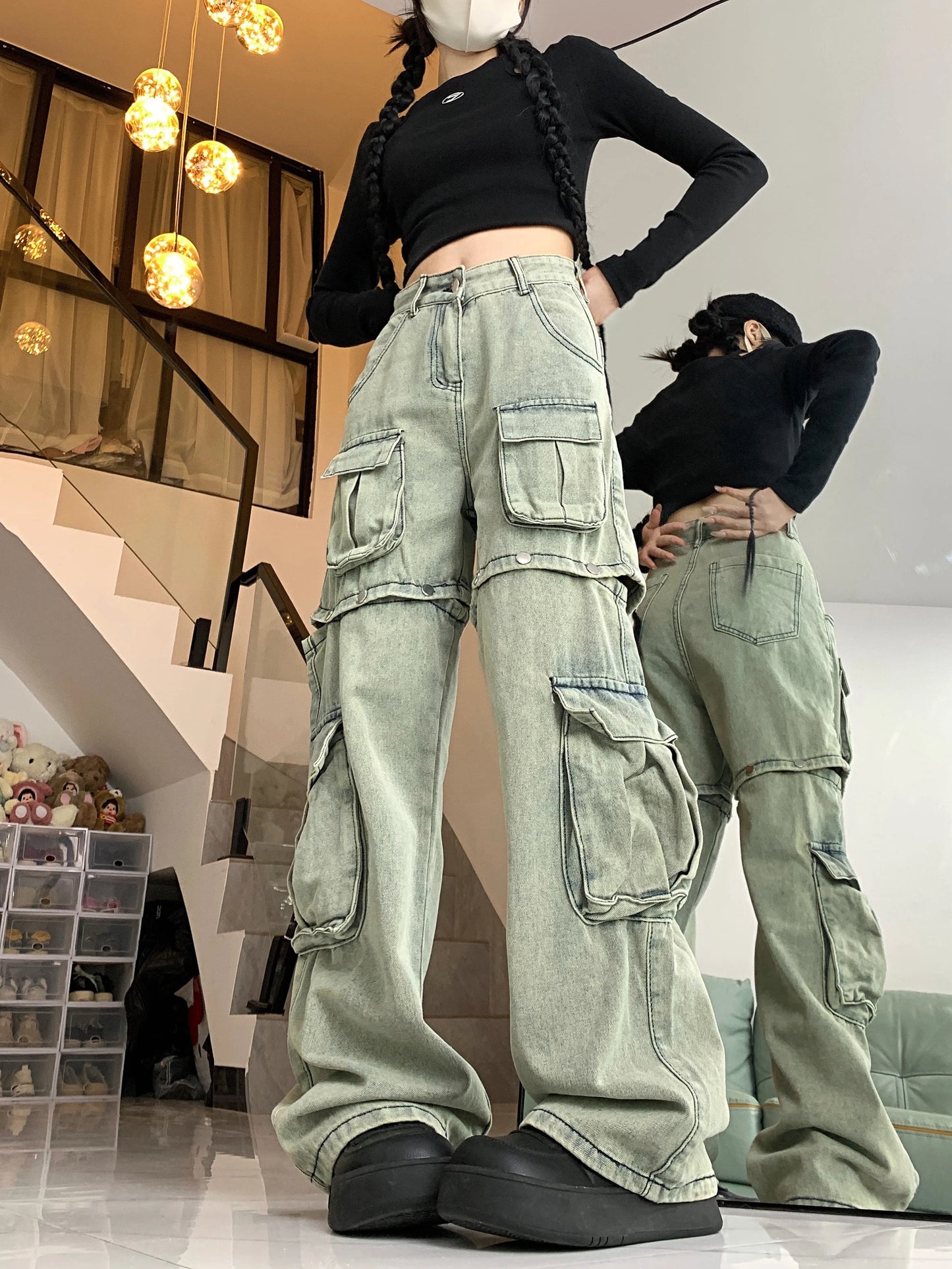 Cargo Pants - Dark Gray Wide-Leg Y2K Jeans