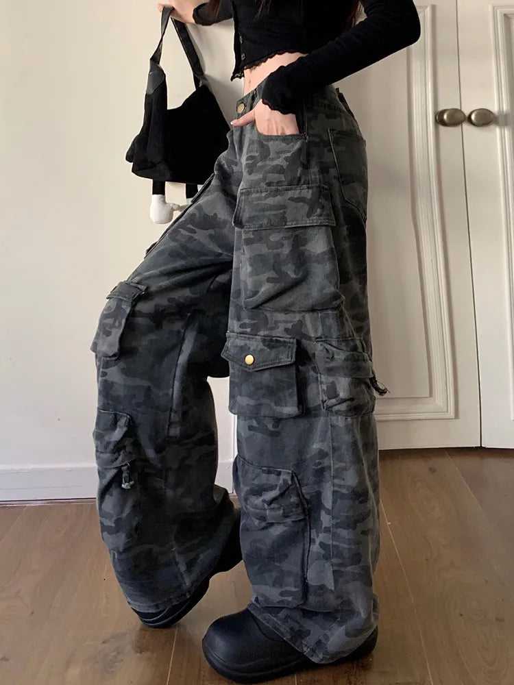 Washed Camouflage Cargo Pants - Y2K Baggy Wide-Leg Trousers