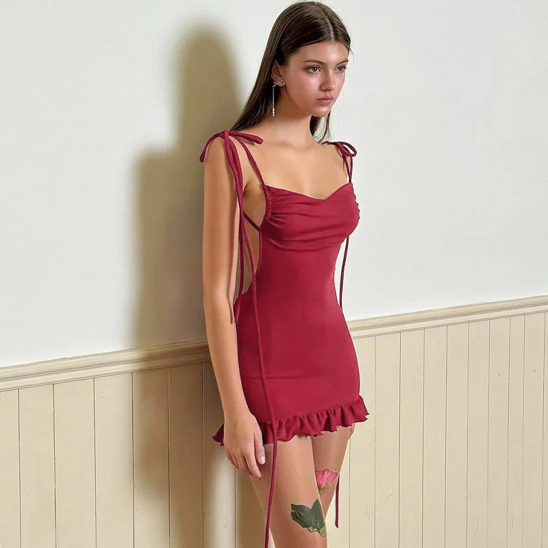 Y2K Backless Lace-Up Dress