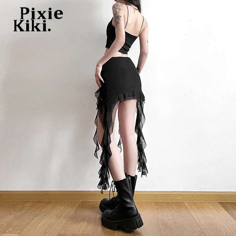 PixieKiki - Mesh Ruffled High-Waist Mini Skirt 