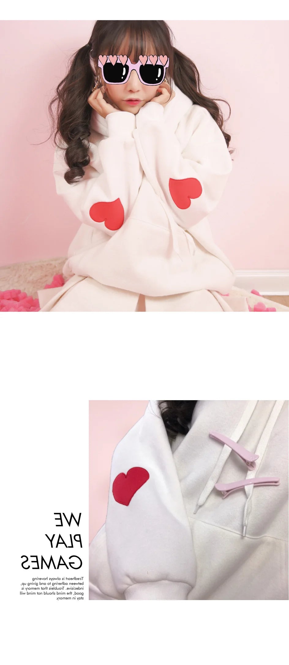 Cute Pink Cotton Hoodie - Love Heart Embroidery