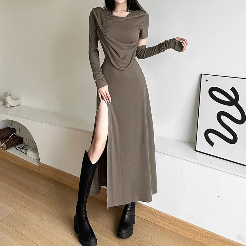 Hooded off-shoulder split long dress