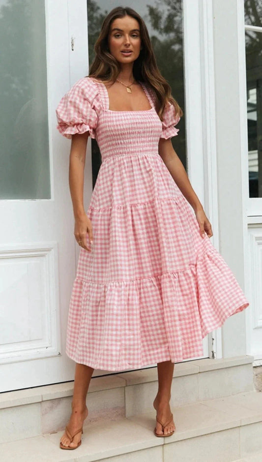 Spring Plaid Puff Sleeve Dress