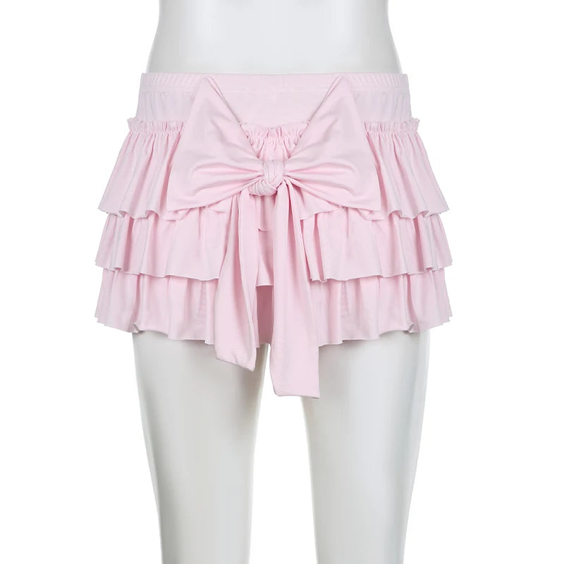 IAMHOTTY - Pink Bow Low-Waisted Mini Skirt 