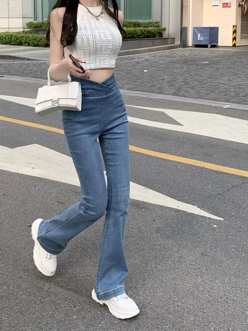 RankSweet - Asymmetrical High-Waist Bell Bottom Jeans