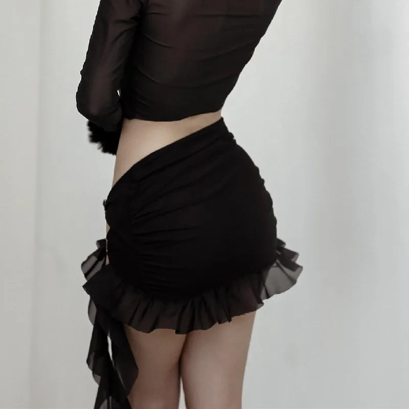 WhereMery - Black Ruffles Hollow Out Skirt