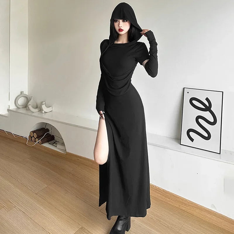 Hooded off-shoulder split long dress