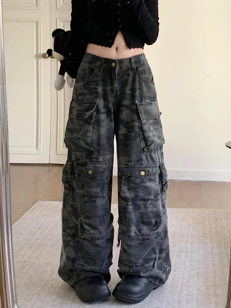 Washed Camouflage Cargo Pants - Y2K Baggy Wide-Leg Trousers