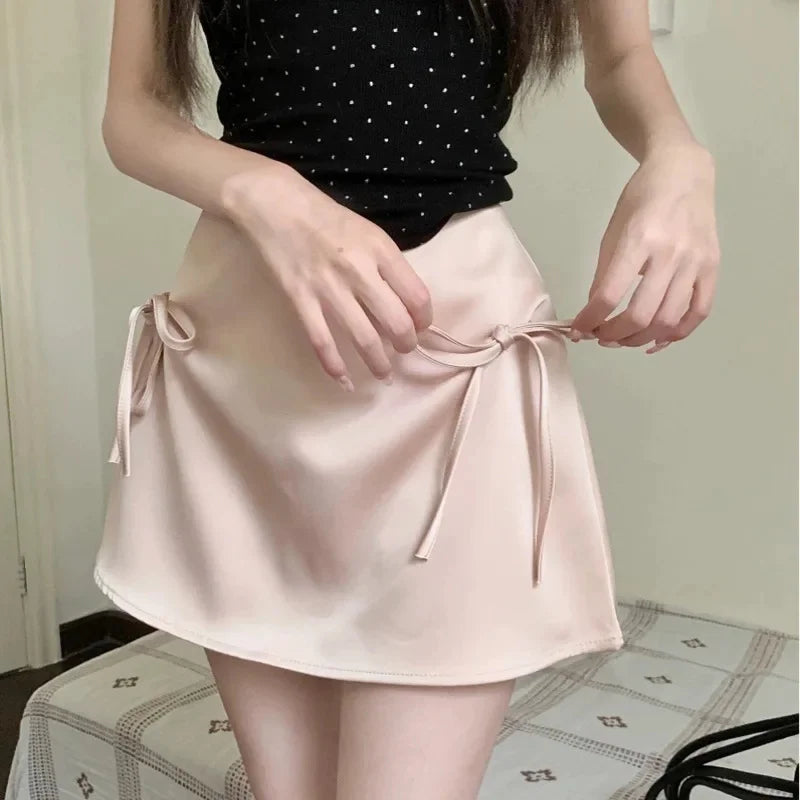 Bow Lace-Up Satin Mini Skirt