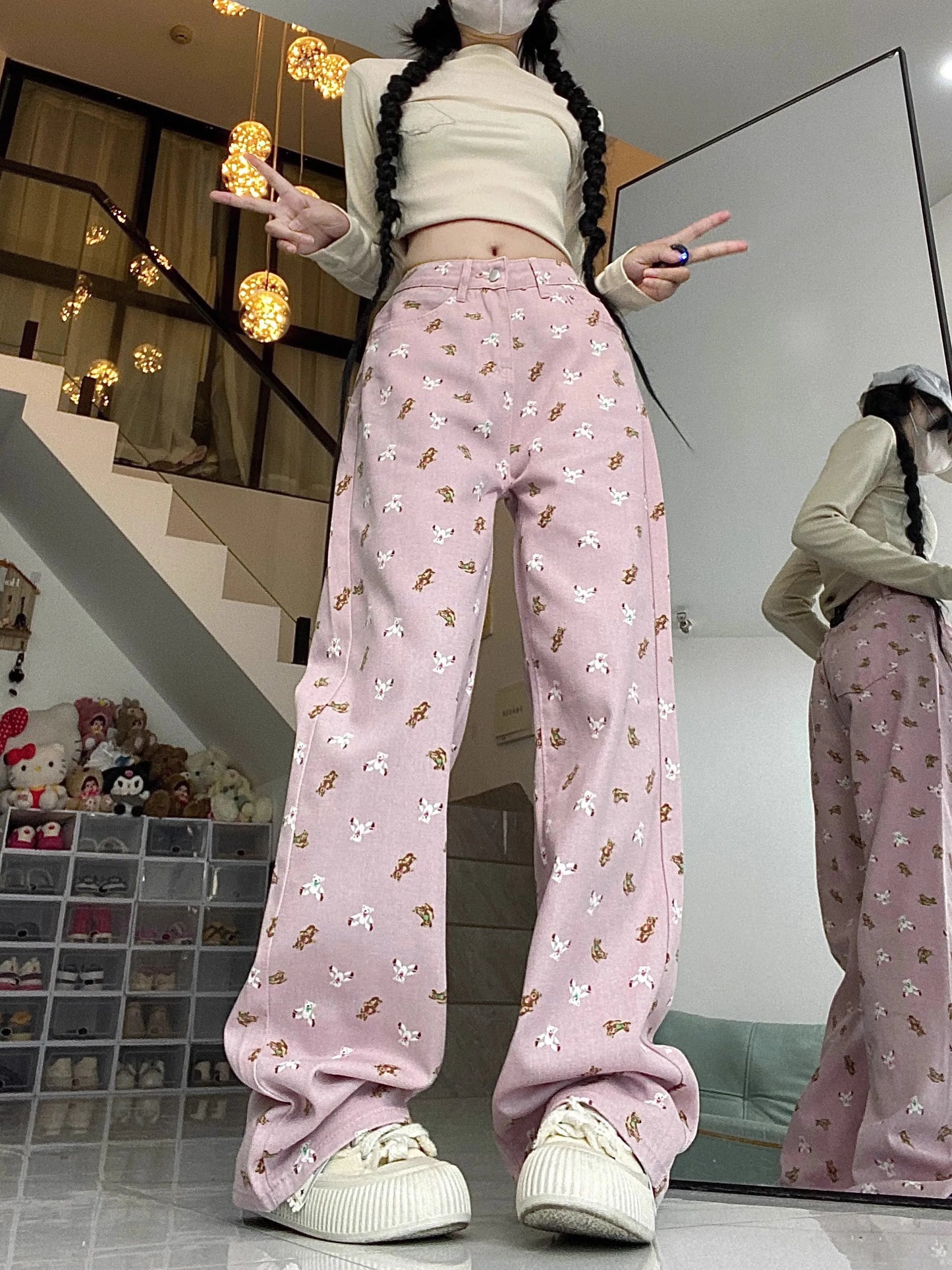 Dicloud - Pink Printed Wide-Leg Jeans