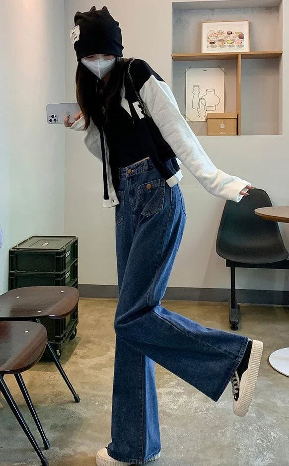 Blue high-waist straight-leg jeans