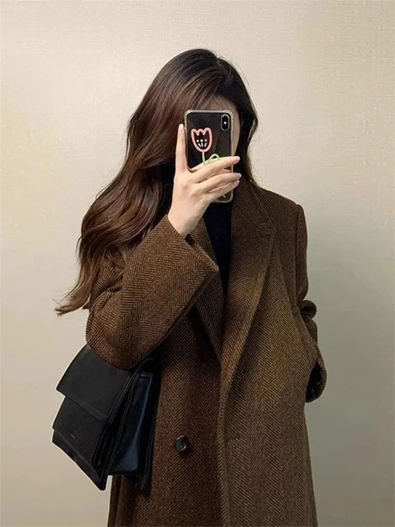 Lapel Collar Woolen Coat - Coffee Colored Mid-Length Overcoat