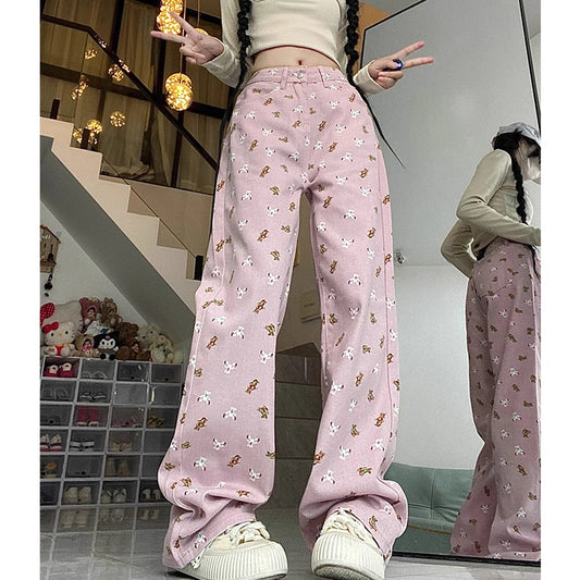 Dicloud - Pink Printed Wide-Leg Jeans