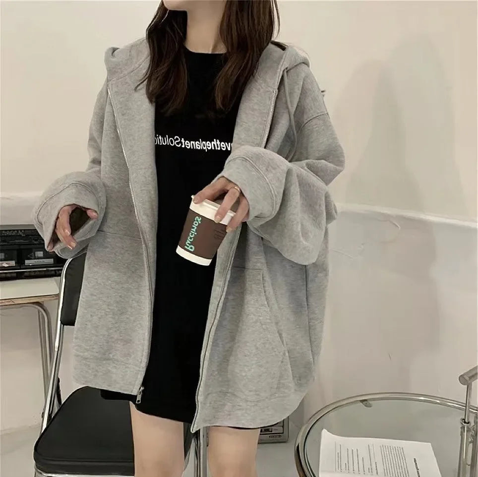 Oversized Loose-Fit Hooded Sweatshirt Jacket