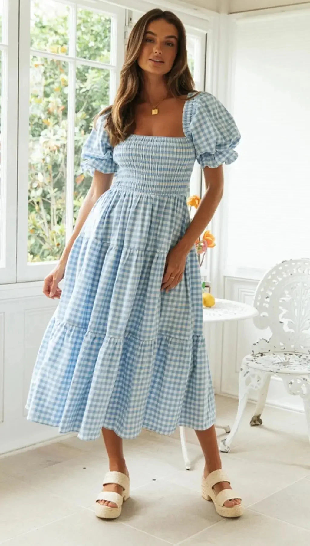 Spring Plaid Puff Sleeve Dress